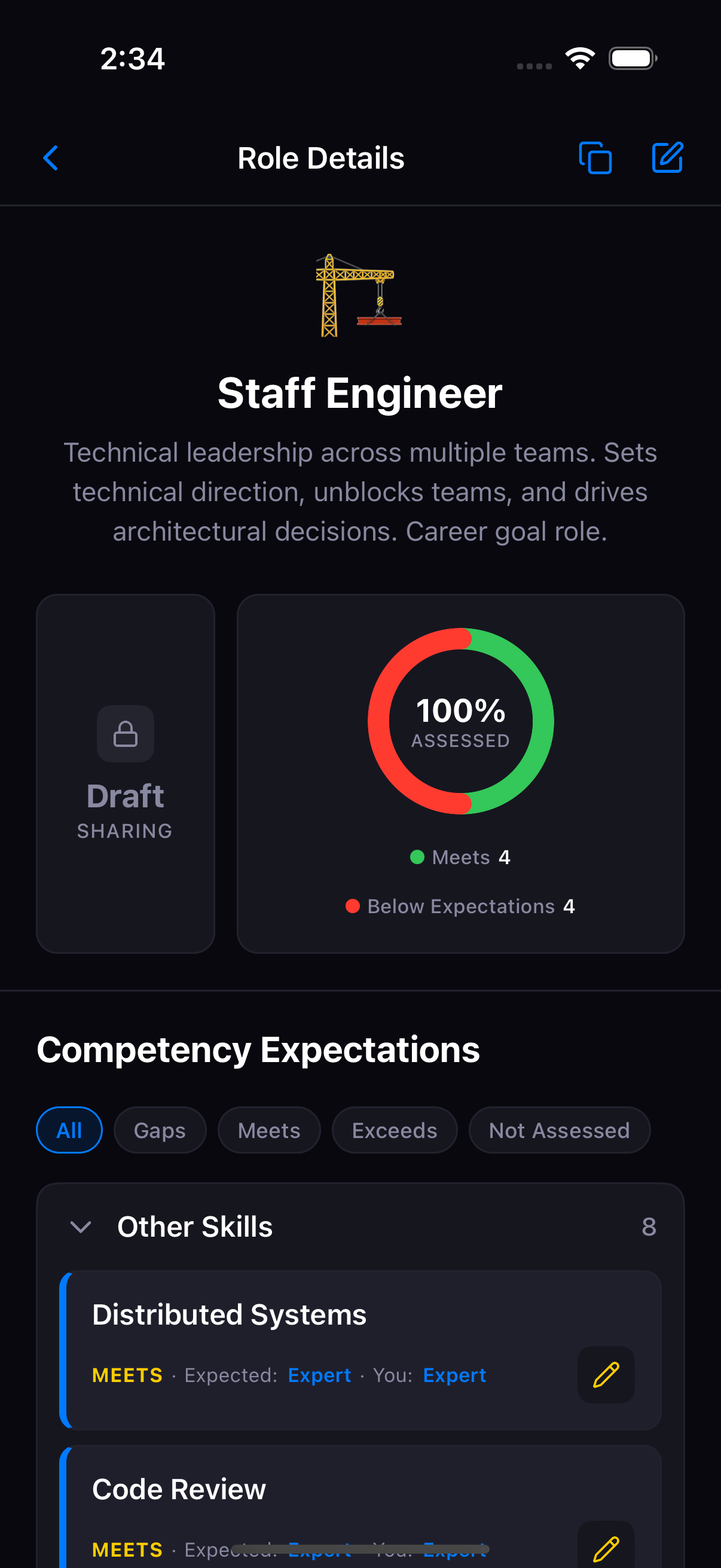 Role expectations and competency tracking in the app