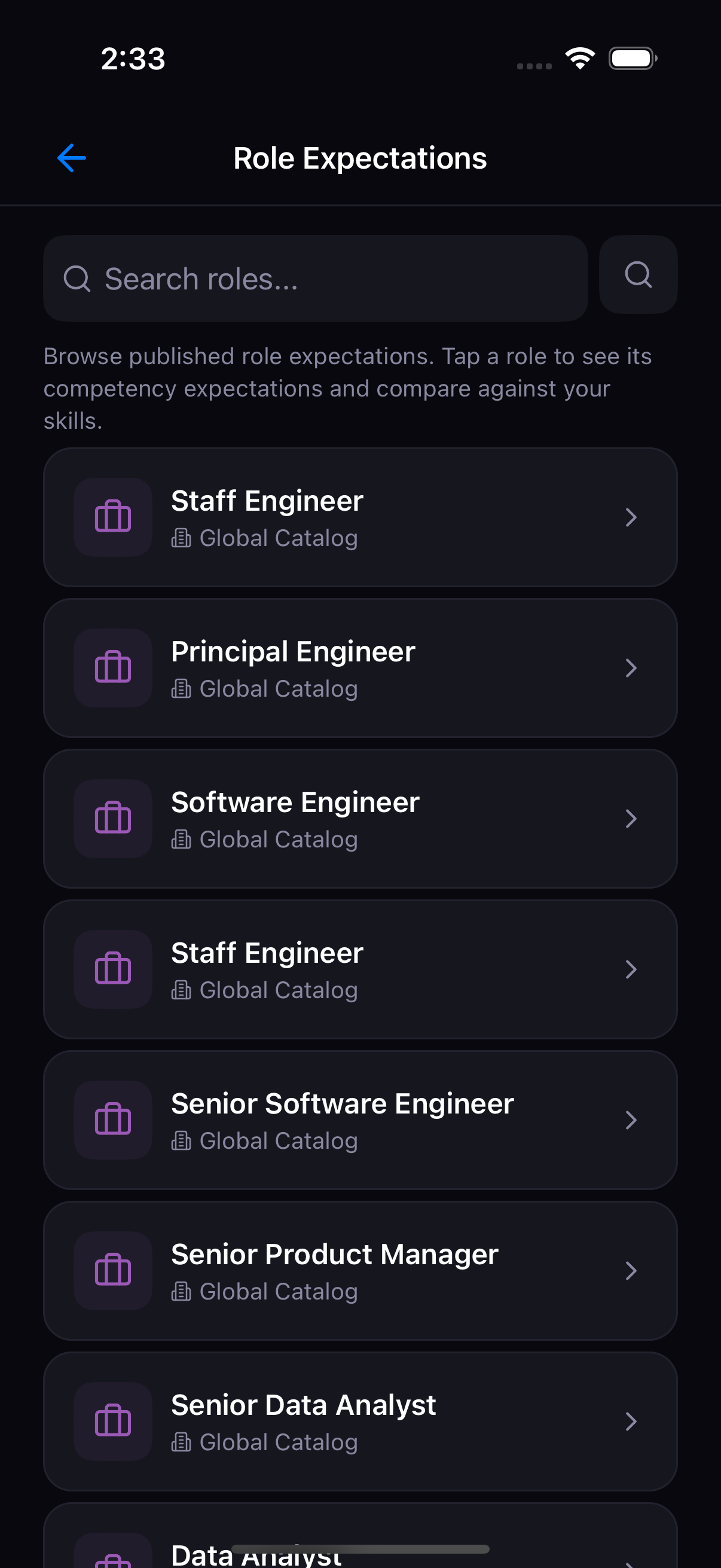 Career frameworks and role library in the app